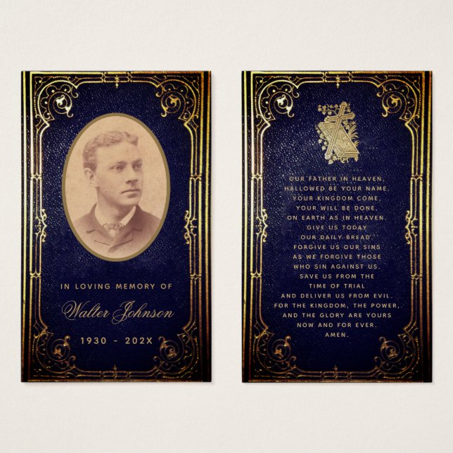 Blue Gold Memorial Funeral Vintage Prayer Card (Front & Back)