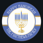 Blue | Gold  Menorah Happy Hanukkah Classic Round  Classic Round Sticker<br><div class="desc">Gold and silver tone Menorah with Blue lit candles and golden Star of David "Happy Hanukkah" original design by Holiday Hearts Designs (all rights reserved).</div>