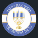 Blue | Gold  Menorah Happy Hanukkah Classic Round  Classic Round Sticker<br><div class="desc">Gold and silver tone Menorah with Blue lit candles and golden Star of David "Happy Hanukkah" original design by Holiday Hearts Designs (all rights reserved).</div>