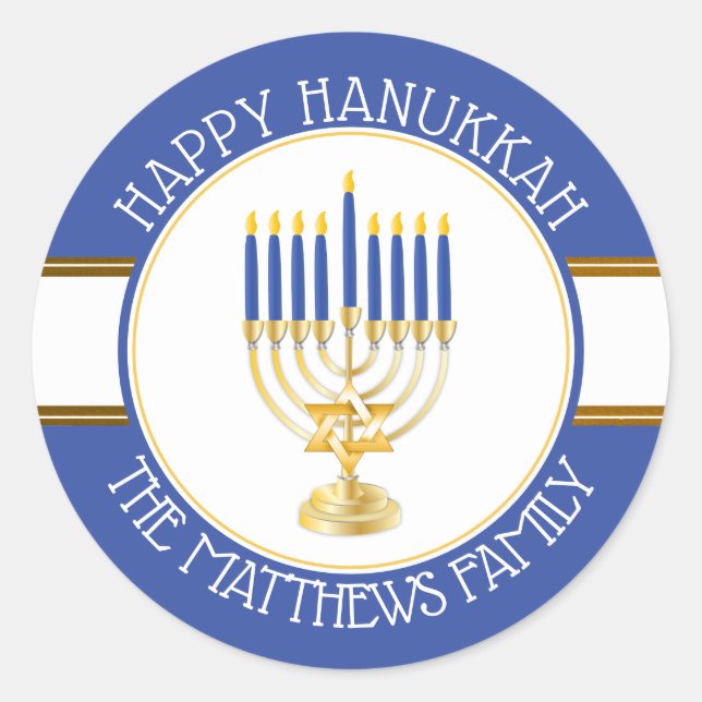 Blue | Gold  Menorah Happy Hanukkah Classic Round  Sticker (Front)