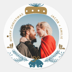 Blue & Gold Merry Christmas Bauble Photo Classic Round Sticker