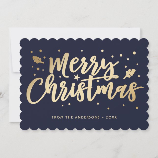 Blue Gold Merry Christmas Calligraphy Holiday Card (Front)