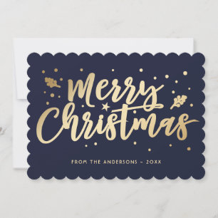 Blue Gold Merry Christmas Calligraphy Holiday Card