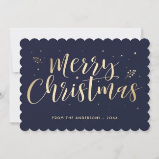 Blue Gold Merry Christmas Calligraphy Holiday Card