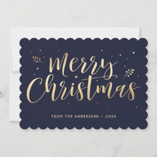 Blue Gold Merry Christmas Calligraphy Holiday Card