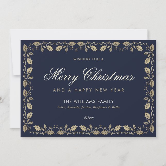 Blue Gold Merry Christmas Happy New Year Card (Front)