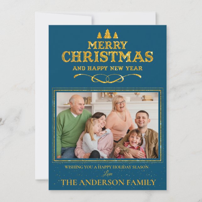 Blue Gold Merry Christmas Happy New Year Photo Holiday Card (Front)