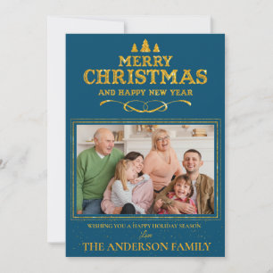 Blue Gold Merry Christmas Happy New Year Photo Holiday Card