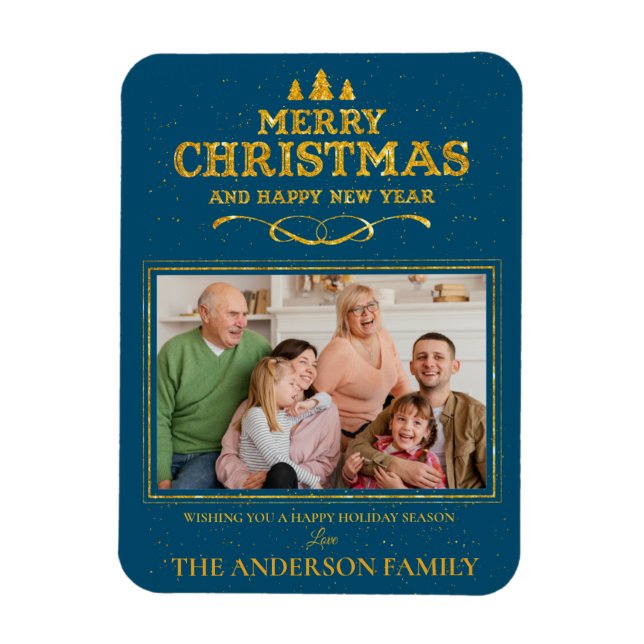 Blue Gold Merry Christmas Happy New Year Photo Magnet (Vertical)