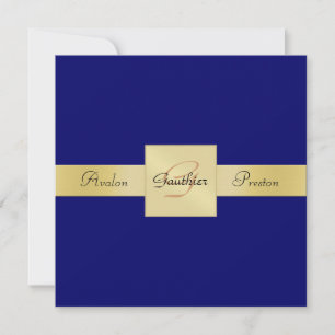 Blue Gold Metal Monogram Ribbon Formal Invitation