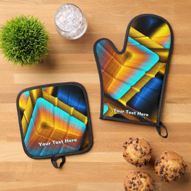 Blue-Gold Metallic Pattern 33 Oven Mitt & Pot Holder Set (Top Down)