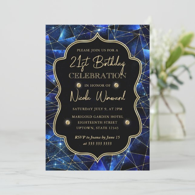Blue & Gold Midnight Crystal Galaxy 21st Birthday Invitation (Standing Front)