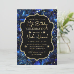 Blue & Gold Midnight Crystal Galaxy 21st Birthday Invitation
