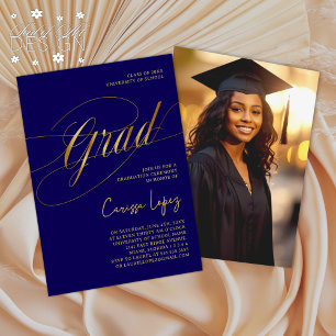 Blue & Gold Minimal Scripted Grad Ceremony Photo Invitation