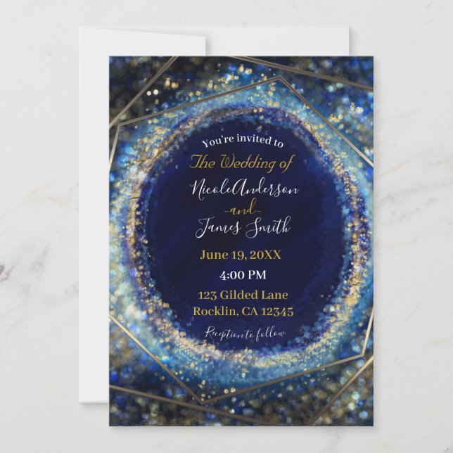 Blue & Gold Modern Abstract Glam Wedding Invitation (Front)