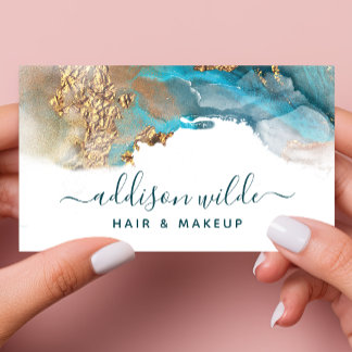 Blue Gold Modern Art Liquid Watercolor Ink QR Code Business Card