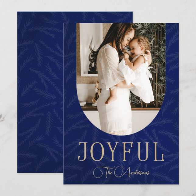 Blue Gold Modern Botanical Arch Joyful Photo  Holiday Card (Front/Back)