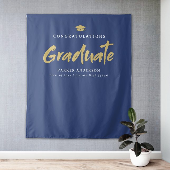 Blue Gold Modern Brush Script Graduation Party Tapestry (Blue Gold Modern Brush Script Graduation Party Tapestry)