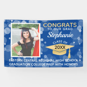 Blue Gold Modern Bubbles Congrats Photo Graduation Banner