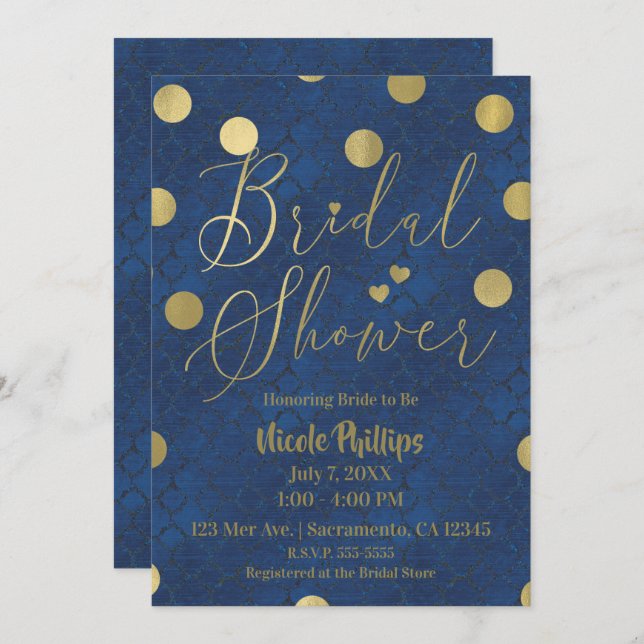 Blue & Gold Modern Chic Glam Bridal Shower Invitation (Front/Back)