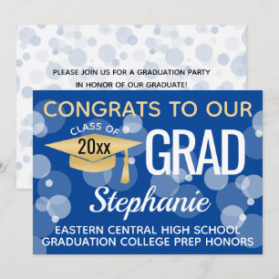 Blue Gold Modern Confetti Bokeh Bubbles Graduation Invitation