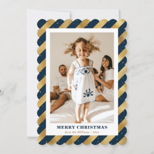 Blue Gold Modern Elegant Photo Merry Christmas Holiday Card
