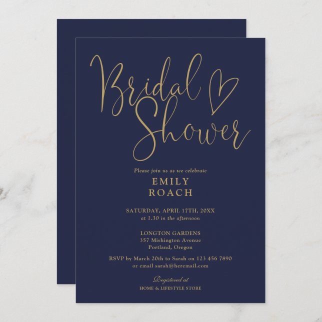 Blue Gold Modern Elegant Script Bridal Shower Invitation (Front/Back)