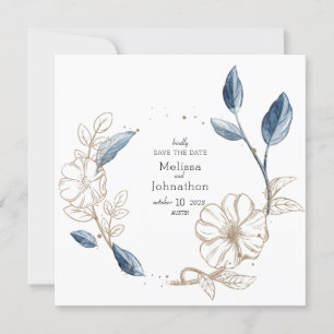 Blue Gold Modern Floral Elegant Save The Date