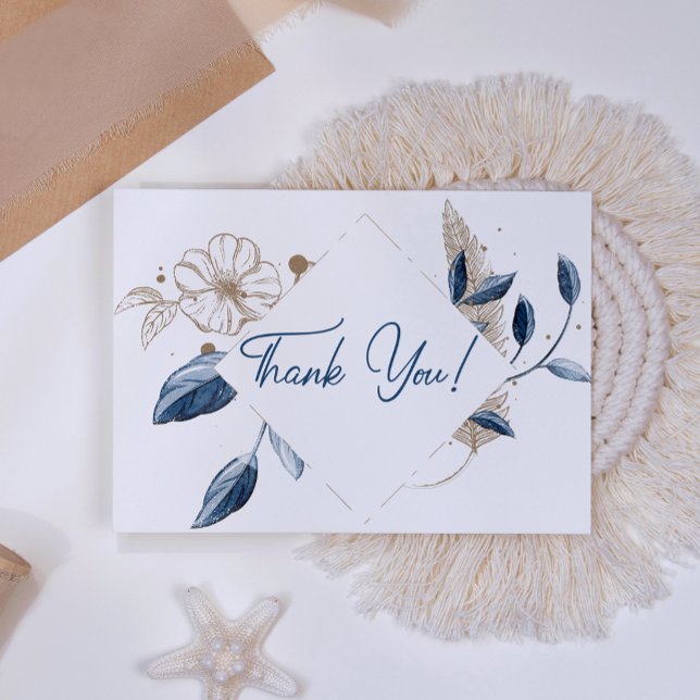 Blue Gold Modern Floral Elegant Thank You Card (Creator Uploaded)