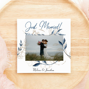 Blue Gold Modern Floral Elegant Wedding Announcement