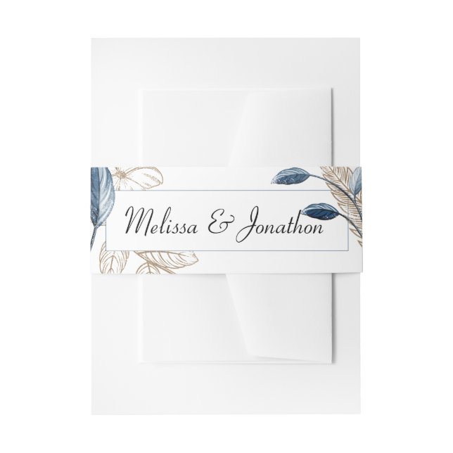 Blue Gold Modern Floral Elegant Wedding Invitation Belly Band (Front Example)