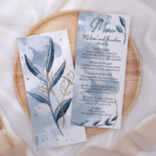 Blue Gold Modern Floral Elegant Wedding Menu