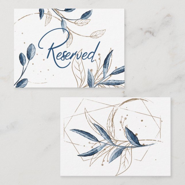 Blue Gold Modern Floral Elegant Wedding Place Card (Front/Back)