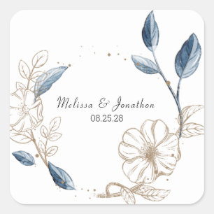Blue Gold Modern Floral Elegant Wedding Square Sticker