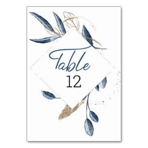 Blue Gold Modern Floral Elegant Wedding Table Number