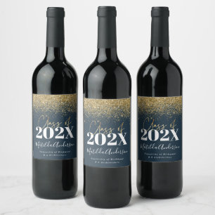 blue gold modern glitter graduation class of 22 wine label