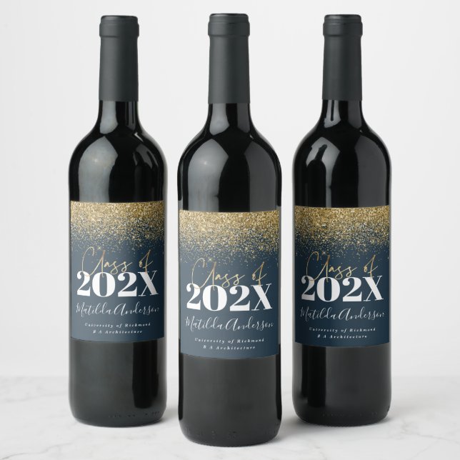 blue gold modern glitter graduation class of 22  wine label (Bottles)
