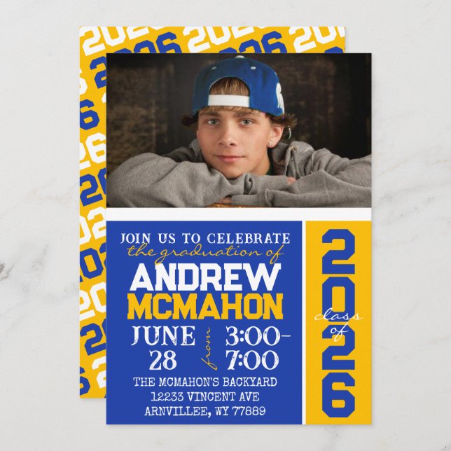 Blue & Gold Modern Graduation Photo Invitation (Front/Back)