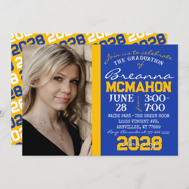 Blue & Gold Modern Graduation Photo Invitation (Front/Back)
