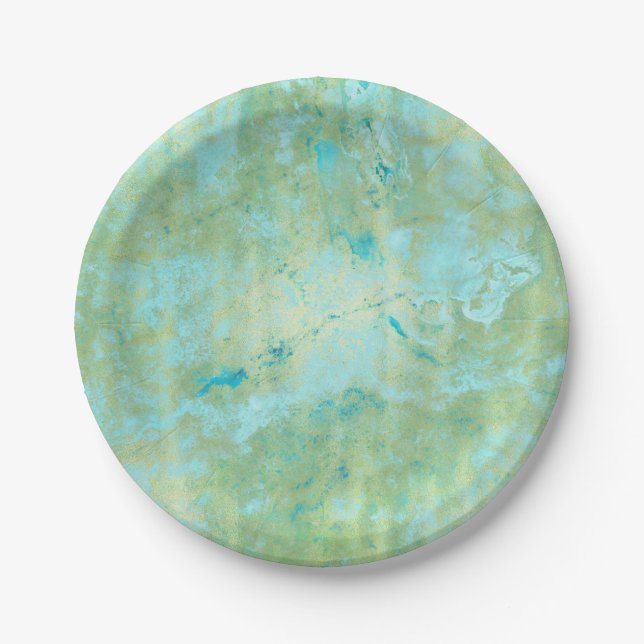 Blue & Gold Modern Marbled Abstract Marble Splash Paper Plate (Front)