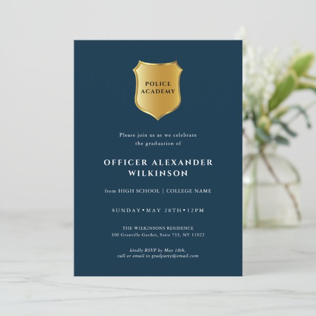 Blue Gold Modern Police Officer Academy Graduation Invitation (Standing Front)