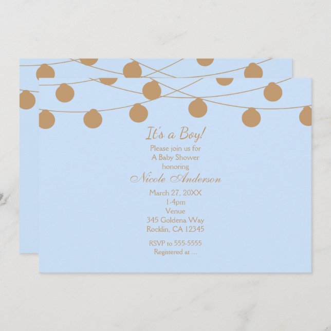 Blue & Gold Modern String Lights Shower Invitation (Front/Back)