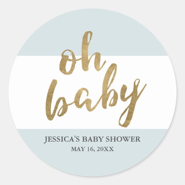Blue & Gold Modern Stripes Boy Baby Shower Favour Classic Round Sticker (Front)