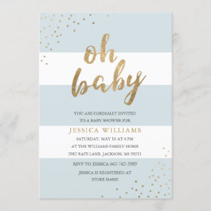 Blue & Gold Modern Stripes Oh Baby Shower Invite