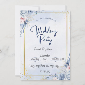 Blue Gold Modern wedding party invitation card
