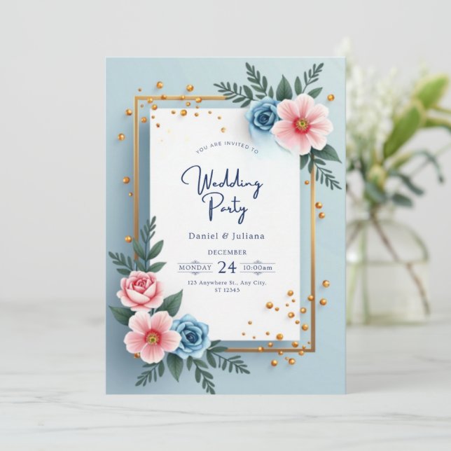 Blue Gold Modern Wedding Party Poster Invitation (Standing Front)