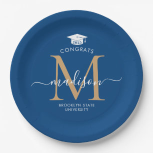 Blue Gold Monogram Graduate Cap Party Graduation Paper Plate