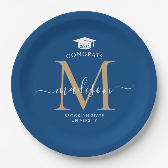 Blue Gold Monogram Graduate Cap Party Graduation Paper Plate (Front)