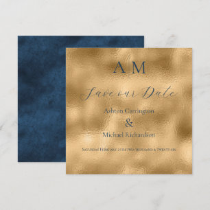 Blue Gold Monogram Modern Wedding  Save The Date