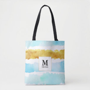 Blue & Gold Monogram Striped Tote Bag